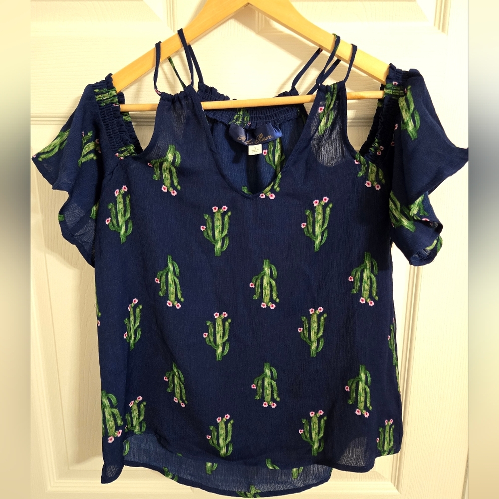 Blue Rain Women's Navy Top with Cactus Design Cold Shoulder Size Small